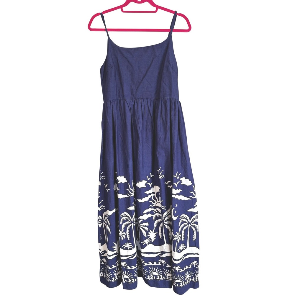 Japna Womens L Navy Blue Cotton Tropical Beach Coastal Summer Midi Sundress